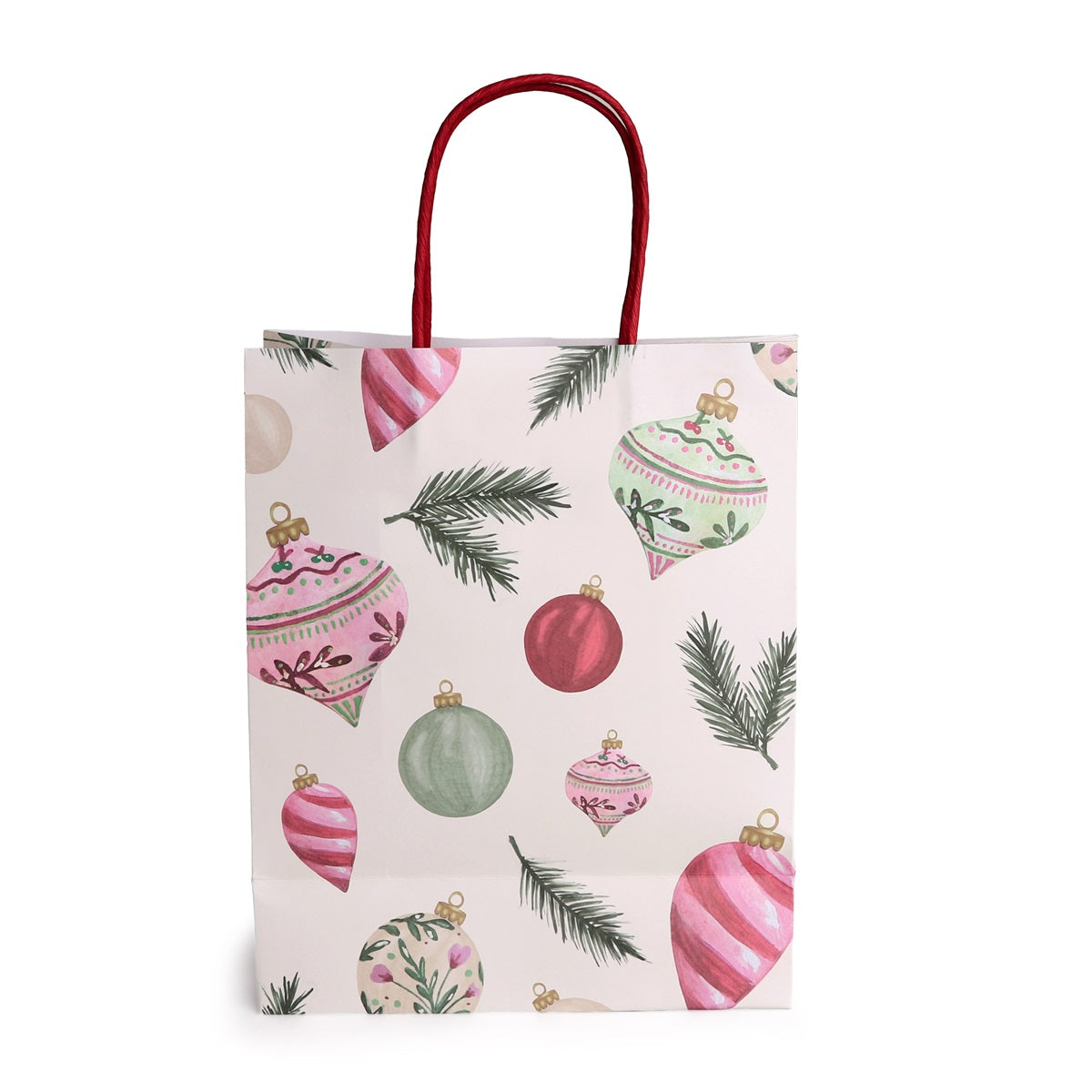 Kerstdraagtas met kerstballen en rode handvatten - Kadopapier.net