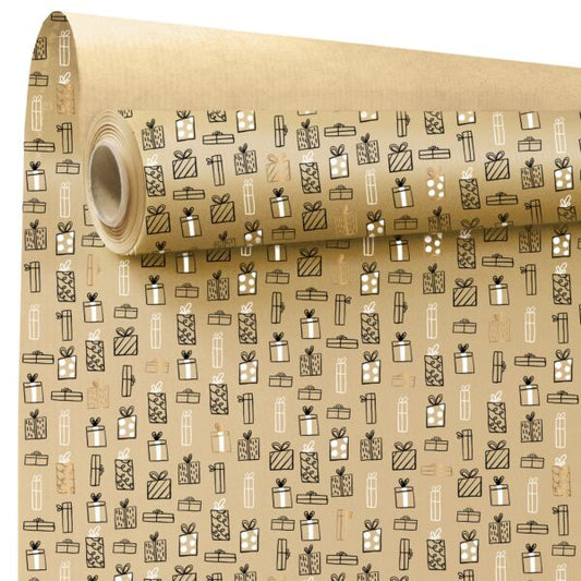 Gifts - Rol inpakpapier – Kraftkleur met cadeauprint – 60 grams gestreept kraft – 70x50m