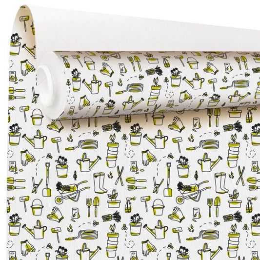 Tuincentrum - Rol inpakpapier – Wit met groene tuinmotieven – 60 grams gestreken kraft – 79cmx40m