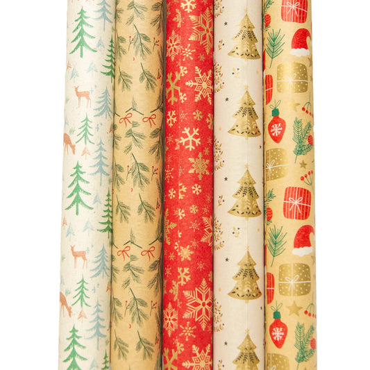CHEERFULGIFTS – Assorti van 5 rollen kerst inpakpapier – 70 cm breed, 2 meter lang - consumentenrollen