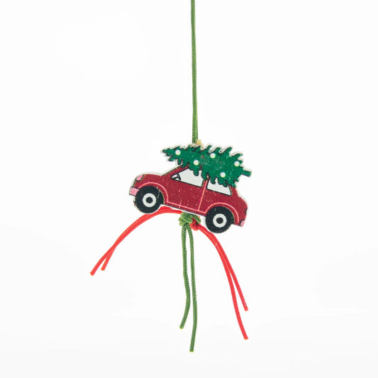 Gelukskerstauto Hout – Rood Autootje met Kerstboom op het Dak – Doos 100 stuks