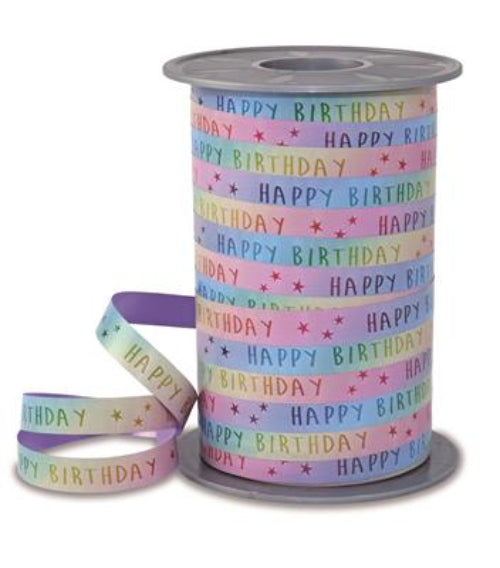Luxe Krullint Happy Birthday Pastel Regenboog – 10mm - Decoratielint - Kadopapier.net