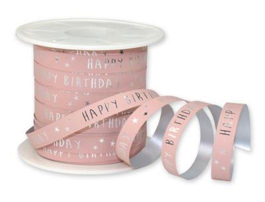 Luxe Krullint Happy Birthday Pastel Roze – 10mm - Decoratielint - Kadopapier.net