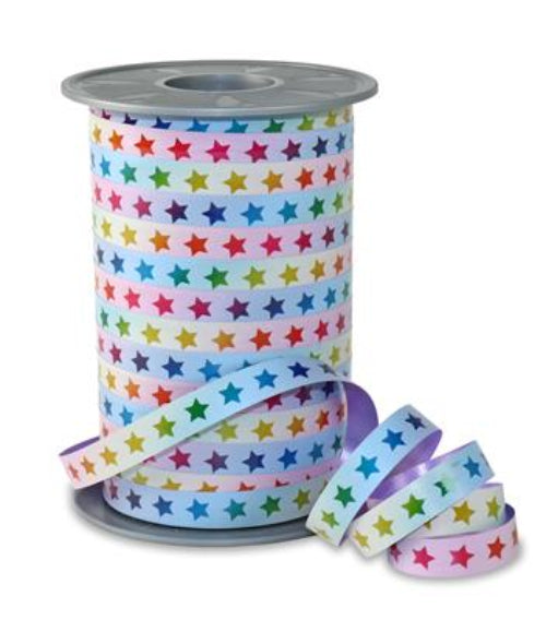 Luxe Krullint Pastel Regenboog Sterren – 10mm x 200m - Decoratielint - Kadopapier.net