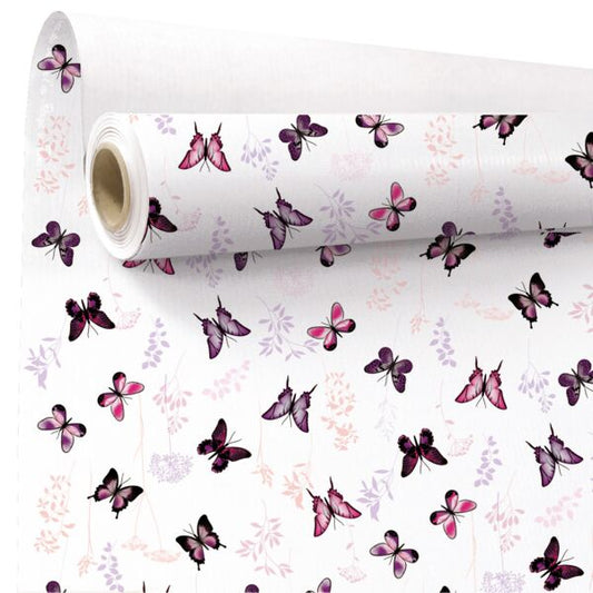 Butterfly - Rol inpakpapier – Wit gestreept kraft met gekleurde vlinders – 60 grams gestreken kraft – 80x40m