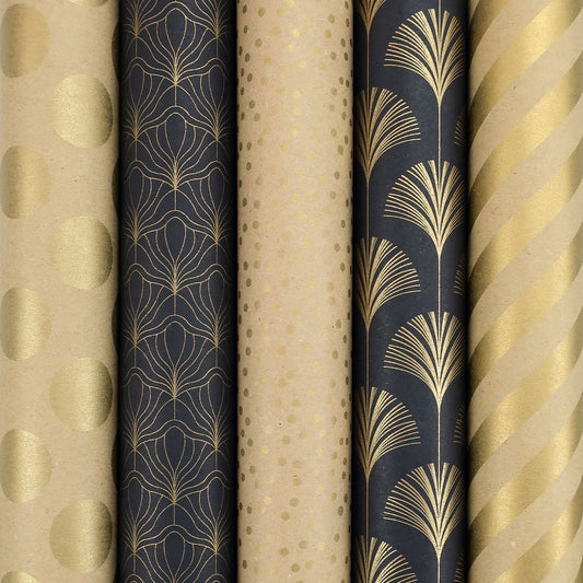 BERLIN - Premium Inpakpapier Set – 5 Rollen – 70cm x 2m – Goud/Zwart – FSC Gerecycled Kraftpapier