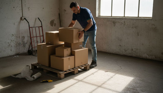 Logistics worker stacking shipping boxes in warehouse