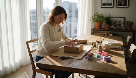 Een vrouw is cadeautjes aan het inpakken aan een knutseltafel vol met allerlei spullen.