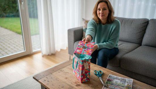 Gezellig samen op de bank een cadeaubon geven in de woonkamer.