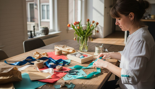 Een vrouw zit aan de keukentafel en pakt cadeautjes op een creatieve manier in.