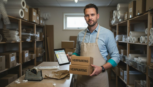 De winkelier kijkt na of er genoeg verpakkingsmateriaal op voorraad is.