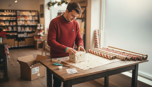 Een medewerker van de winkel wikkelt een cadeau in feestelijk kerstpapier.