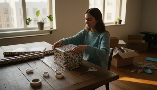 Aan de eettafel zit een vrouw een groot cadeau zorgvuldig in te pakken.