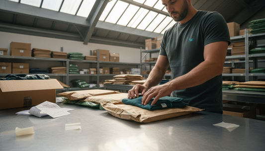 Een medewerker pakt kleding in milieuvriendelijke verzendzakken in.