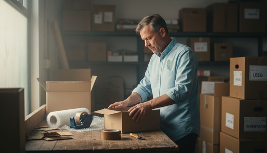 In zijn magazijn wikkelt de winkeleigenaar een pakket zorgvuldig in met tape.