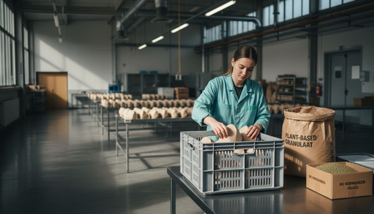 Een medewerker in de fabriek zorgt ervoor dat de producten netjes in biologisch afbreekbare verpakkingen worden ingepakt.