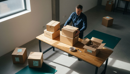 Een medewerker van de webshop stapelt dozen klaar voor verzending.