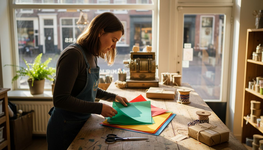 Een medewerker van de cadeauwinkel is bezig om de stapels zijdepapier netjes op te vouwen en te ordenen.