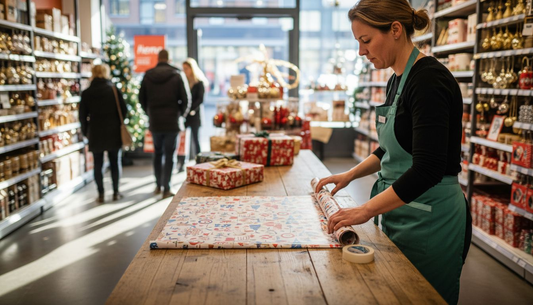 Een medewerker in de winkel haalt het kerstcadeaupapier van Hema uit de doos.