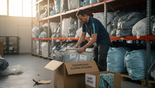 Magazijnmedewerker met grote verzendzakken vol kleding