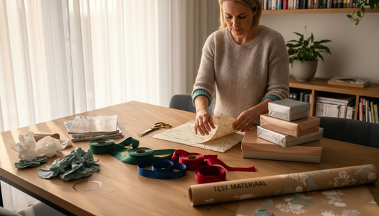 Een vrouw kiest zorgvuldig de mooiste inpakmaterialen uit voor haar cadeau.