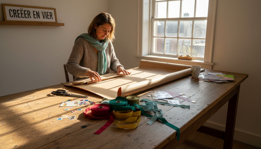 Aan de keukentafel geeft een vrouw haar creativiteit de vrije loop terwijl ze een originele cadeauverpakking maakt.