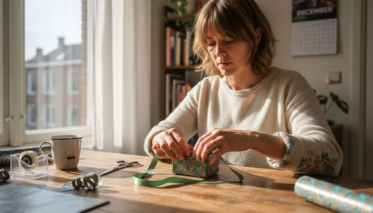 Een vrouw zit thuis gezellig een persoonlijk cadeautje in te pakken.