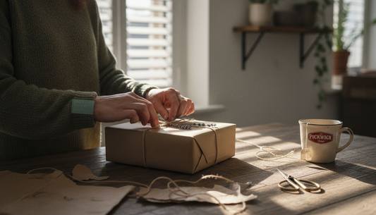 Een vrouw pakt een cadeau in met gerecycled papier.