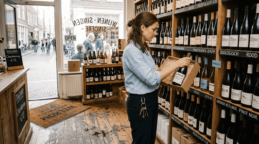 Op de winkelvloer kijkt de verkoper de verpakking van de wijnflessen na.