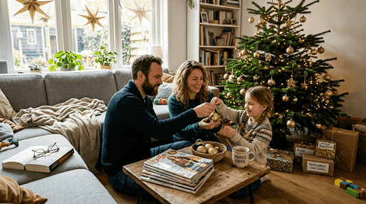 Een gezin versiert samen de kerstboom met gouden ornamenten.