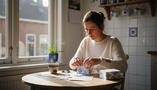 Aan de keukentafel zit iemand zorgvuldig papier te vouwen om zelf een cadeauzakje te maken.