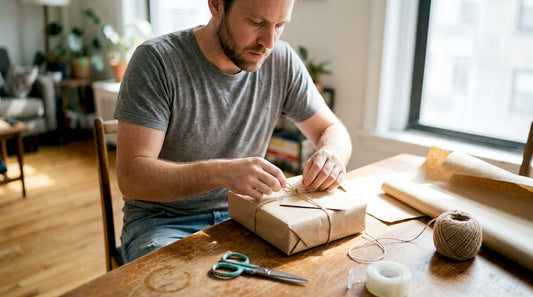 Een man is zorgvuldig een cadeau aan het inpakken met bruin pakpapier.