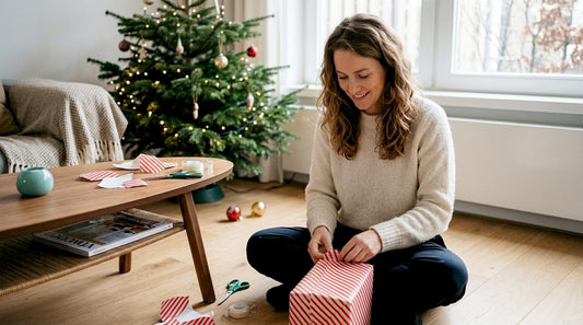 Vrouw wikkelt cadeau in met restjes papier