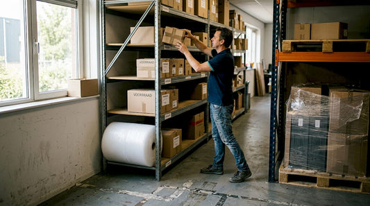 In het magazijn zorgt een medewerker ervoor dat het verpakkingsmateriaal netjes gesorteerd wordt.