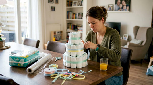 Aan de eettafel is een vrouw druk bezig met het maken van een luiertaart.