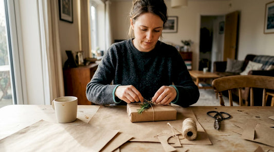 Met beide handen wordt een cadeautje zorgvuldig ingepakt in bruin kraftpapier en afgewerkt met een stukje jute touw.