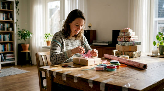 Een vrouw wikkelt een cadeau in en versiert het met een roze vlinder.