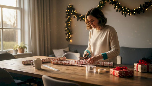 Een vrouw zit aan de eettafel zorgvuldig vellen kerstinpakpapier op maat te knippen.