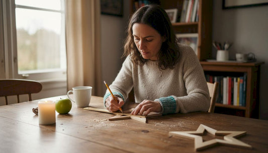 Een vrouw is aan de eettafel bezig met het uitzagen van een houten kerstster.