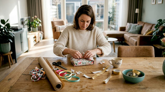 Een vrouw zit gezellig aan de eettafel cadeautjes in te pakken, haar werkplek vol met vrolijk inpakpapier en lintjes.