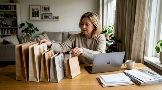 Een vrouw zit thuis aan de eettafel en sorteert verschillende cadeauzakjes.
