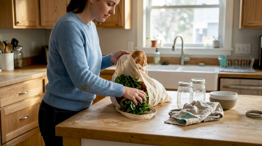 Een vrouw ruimt haar boodschappen uit, terwijl ze haar katoenen boodschappentas leeghaalt.