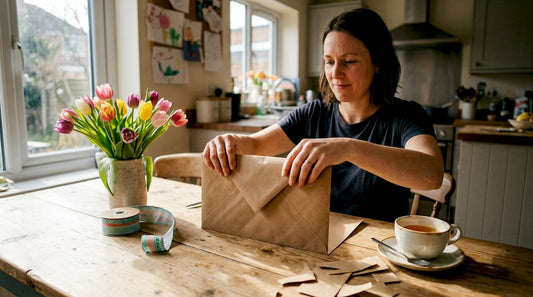 Aan de keukentafel is een vrouw bezig een grote envelop in elkaar te knutselen.