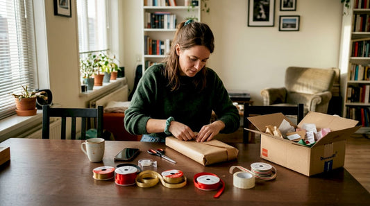 Een vrouw zit aan de eettafel in de woonkamer en pakt een cadeautje in met bruin kraftpapier.