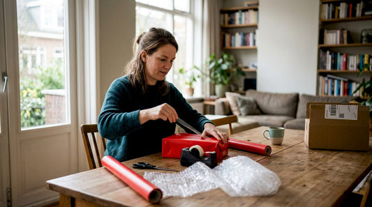 Aan de eettafel zit een vrouw cadeautjes in te pakken.