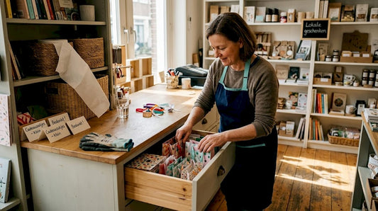 Een medewerkster van de winkel pakt cadeauzakjes uit de lade om klanten te helpen met inpakken.