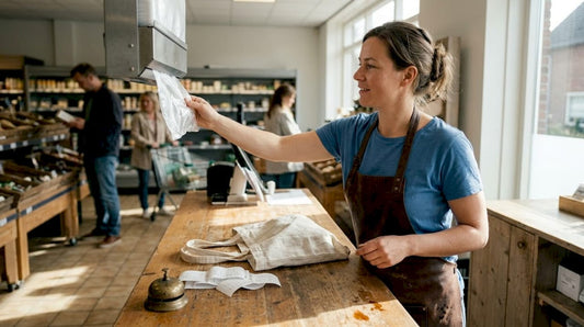 Bij de kassa grijpt de winkelmedewerker een plastic tasje.