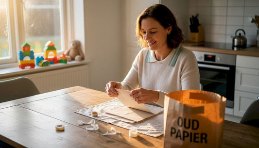 Aan de keukentafel bekijkt een vrouw gebruikt cadeaupapier en sorteert het op stapeltjes.
