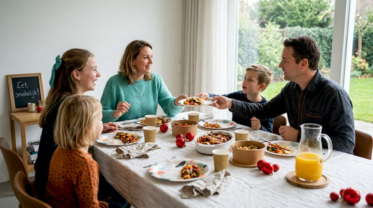 Het hele gezin geniet samen van het kerstdiner aan een rijk versierde tafel, waarbij ze feestelijk wegwerpservies gebruiken.