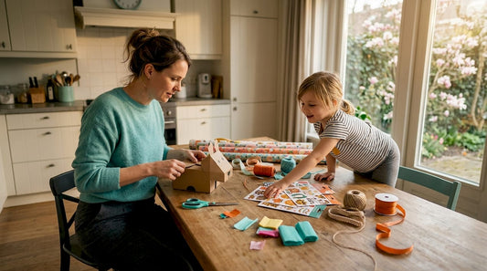 Samen met haar kind zit moeder thuis gezellig een cadeautje in te pakken.